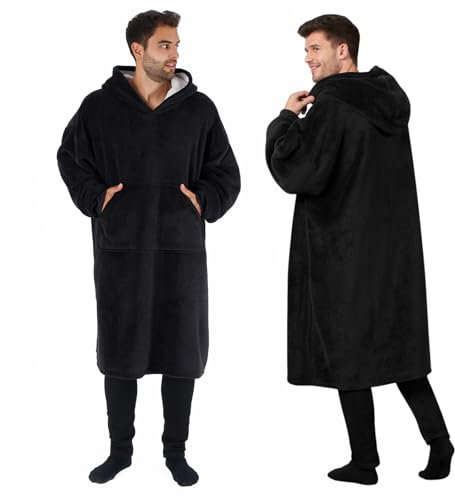 Sienna Extra Long Oversized Blanket Hoodie Wearable Throw with Pockets Sleeves Soft Sherpa Fleece Wearable Throw Giant Sweatshirt, Black
