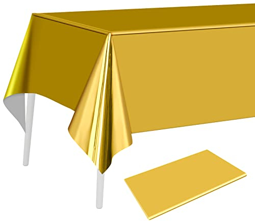 PLULON Tovaglia in plastica color oro metallizzato, 137 x 274 cm, rettangolare, per matrimoni, compleanni, feste di Natale, decorazioni per la tavola, baby shower, forniture per feste