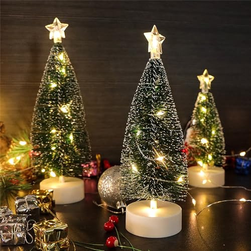DRERIO Alberi di Natale da Tavolo con Luci - 3 Pezzi Albero di Natale Artificiali Innevati per Natale - Decorazione per Tavola, Casa o Vetrina - Altezza: 16,5 cm