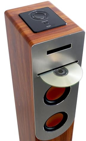 Tour de Son Finition 100W Bois avec Lecteur CD, Bluetooth, FM et USB, Télécommande, Colonne, Jeux lumières Bagues LED en Cadeaux