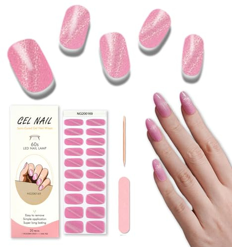 Foyute Semi Cured Gel Nail Strips, 20 Pcs Soft Self-Adhesive Gel Nail Polish Wraps Sticker for Salon-Quality Manicure Set,Long Lasting,Easy to Apply & Remove, Nail File & Wooden Stick