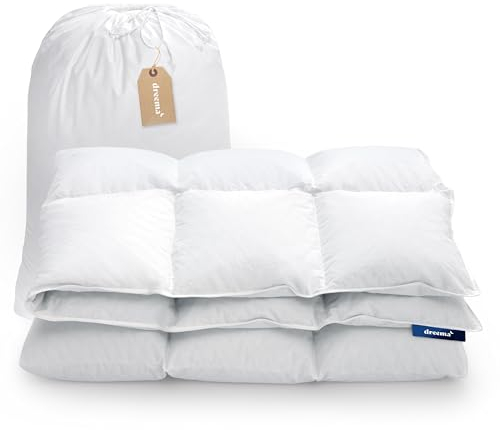 DREEMA Bettdecke 135x200 Daunendecke Warm | Extraweiche Daunenfüllung | in Deutschland gefertigt | 100% nachhaltig mit Oeko-TEX & Nomite | Allergiker geeignet | Soft-Touch Baumwollbezug