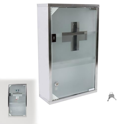 Suusolny Medizinschrank Apothekerschrank mit Glas Tür und 2 Schlüssel abschließbar Medikamentenschrank aus Edelstahl Hängend Arzneischrank - 3 Fächer 50 x 30 x 12 cm