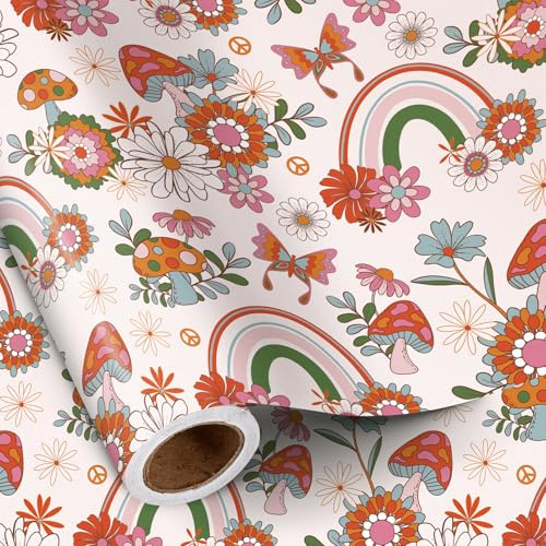 RUSPEPA Retro Boho-omslagspapper för flicka, minirulle, färgglad svamp och tusensköna design med regnbågsdesign, vintage presentpapper perfekt för vår, födelsedag, boho-tema presenter, 43,2 cm x 5 m