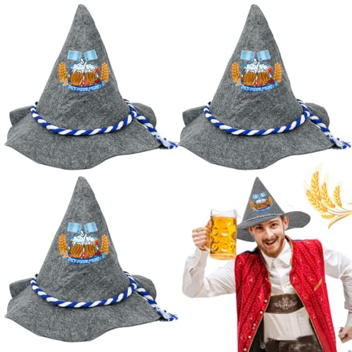 GTJEOI Sombrero de Baviera de Fieltro, 3 Piezas Sombreros Tradicionales de Baviera, Sombrero Trachten para Oktoberfest con Cordón Azul Blanco, Sombrer-o de Disfraz Tradicional para Oktoberfest