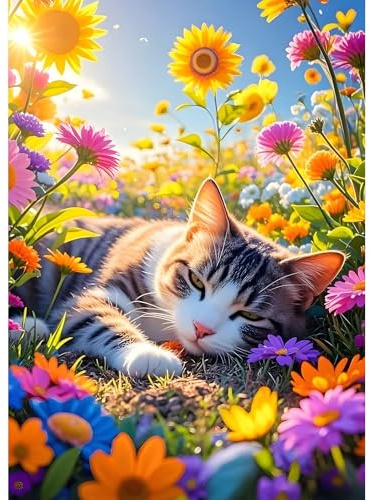 DPHERO Sleeping Cat Diamond Painting Kits for Beginners Adults,5D DIY Sunshine Diamond Art Kits,Round Full Drill Wildflowers Gem Art Crafts,DIY Kitten Painting by Numbers for Home Wall Decor 12x16inch