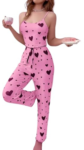 Gatamiau Femme Ensemble Pyjama Imprimé Cœur 2 Pièces Top sans Manches + Pantalon Taille Haute, Pyjama Sexy Chic Vêtements Nuit Confortable