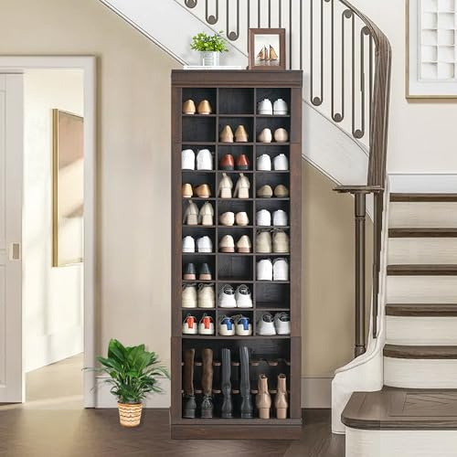 Garvee Armario Zapatero Alto De 10 Niveles con 27 Compartimentos, con Espacio para Botas Altas, Organizador Zapatero Alto Independiente para Recibidor, Pasillo o Armario, Marrón 61×35×186 cm
