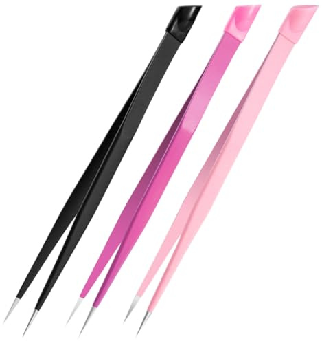 Homoyoyo Pinzas de Doble Punta para Uñas 3 Piezas Acero Inoxidable Cabezal de Presión y Punta Fina, Juego Multipropósito para Pegatinas, Extensiones de Pestañas y Decoración, Colores Rosa,