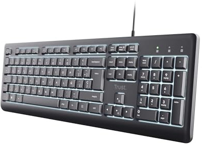 Trust Primo Teclado Iluminado QWERTY Español, Cable USB-C/USB-A 1.8m, Teclas de Perfil Bajo, Botones Silenciosos, Teclado Resistente a los Vertidos, Windows, Mac, PC, Ordenador, Portátil, Negro