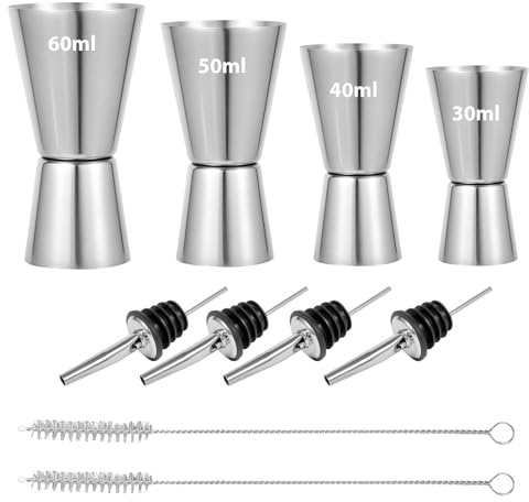 Set 4 Misurini Cocktail in Acciaio Inox, con 4 Beccucci Versatori e 2 Spazzole, Doppio Dosatore 15/30 ml, 20/40 ml, 25/50 ml, 30/60 ml, Piccolo Jigger per Shaker Gin, Feste, Casa e Bar