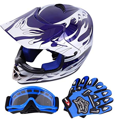 Samger DOT Youth Bambini Off Road Casco da Cross Caschi Dirt Bike ATV Casco da Moto Guanti+ Occhiali (L, Blu)