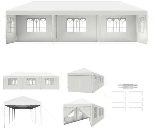 AUFUN Pavillon Wasserdicht 3x9 m Weiß Gartenpavillon mit 8 Seitenwände Polyethylen Bierzelt Tür mit Reisverschluss für Garten Party Hochzeit Picknick Markt