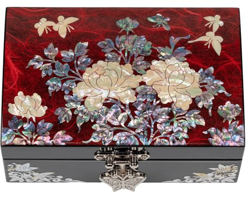 February Mountain Korean Mother of Pearl Jewelry Box – Red Floral Peony Design with Butterfly Clasp, Removable Velvet Tray – Christmas Gift for Women, Birthday, Anniversary, Keepsake Storage