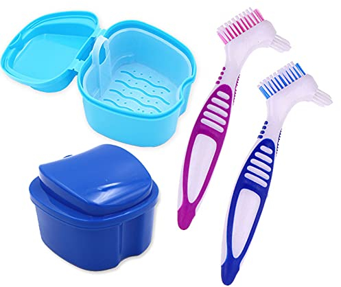 HRASY Zahnprothesen-Bad-Etui mit Reinigungsbürsten, 2 Stück Zahnprothesen-Bad-Box, Einweichbehälter mit Siebkorb, 2 Stück Zahnprothesen-Zahnbürsten für falsche Zahnreinigung(B)