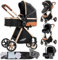 Prokoke Kinderwagen 3 in 1, Buggy mit Umkehrbarem Zwei-Wege-Schub, Kinderwagen mit Rahmen Aluminiumlegierung, Kombikinderwagen 3 in 1 mit Einem Klick Faltbar Baby Kleinkind Neugeborene (225 Black)