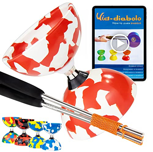 Juggle Dream Jester Diabolo Jonglierset – Kugellager Achse Profi-Diabolo mit Alu-Handstäbe und Online-Lernvideo – Jonglierspielzeug (Rot/Weiß)