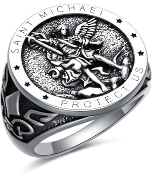 Shusukue Anillo de San Miguel de plata de ley 925, arcángel San Miguel, amuleto del santo patrón, medallas, monedas de oración, anillo religioso cristiano para hombres, padre, marido, novio, 9, Plata