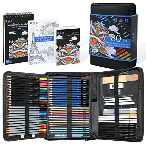 H & B 80 Stück Zeichenstifte Set, Skizzierstifte Set, Professionelle Zeichenset mit Malbuch,3 Farben Skizzenbuch,Zeichnung Sets für Erwachsene, Künstler, Kinder, Anfänger