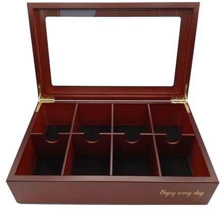 BJOYFUL&LOVED BJL Tea Bag Organizer, Wooden Tea Box with 8 Compartments, Large Capacity Tea Holder for Storage, Decorative Vintage Handmade Tea Container, Cherry Color, with Window Lid