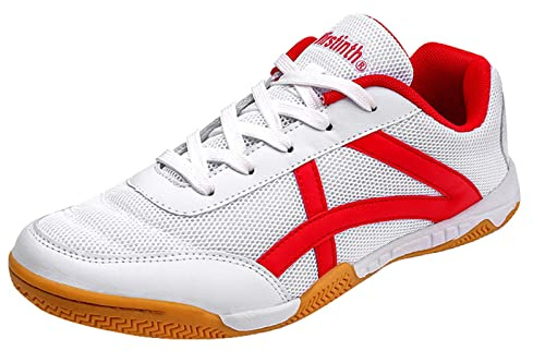 ZHENSI Men's Table Tennis Shoes Indoor Sneaker Soft Bottom Lightweight Mesh Pingpong Shoes,Red,9.5 UK