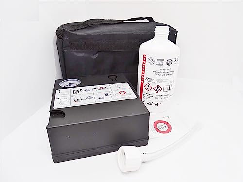 Partsdealers GENUINE FOR VW AUDI SEAT TYRE PUNCTURE REPAIR KIT PUMP AIR COMPRESSOR INFLATOR SEALANT GLUE BOTTLE BAG SET, SEALANT BEST BEFORE DATE 09/2028