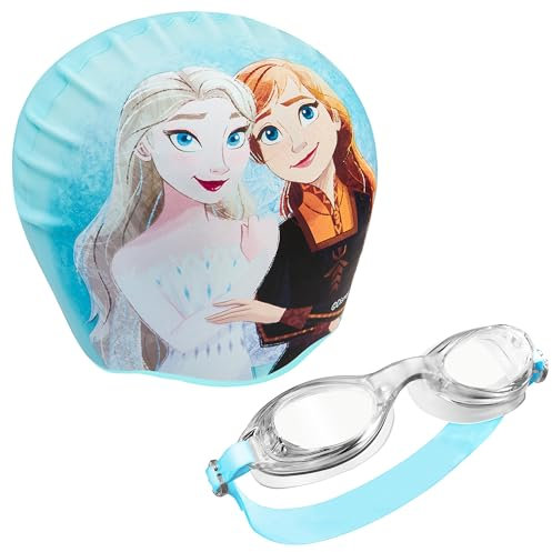Disney Badekappe & Schwimmbrille Kinder Set, UV-Schutz, Anti-Beschlag - Stitch Sachen für Kinder (Blau Eiskönigin, 3-6 Jahre)