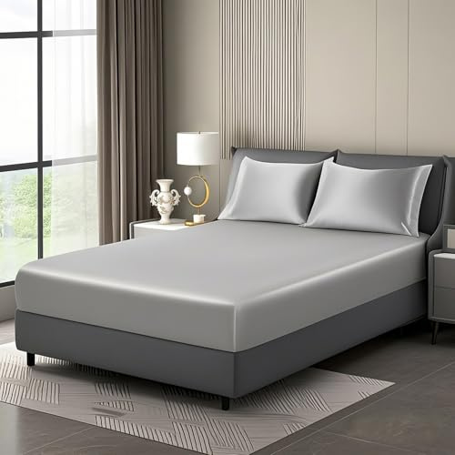 Luowei Drap Housse en Satin 200x200cm Gris Clair Microfibre Drap de lit Soie Drap-Housse Doux Brillante Drap-Housse de Qualité Supérieure pour Matelas Épais Jusqu'à 25-30cm