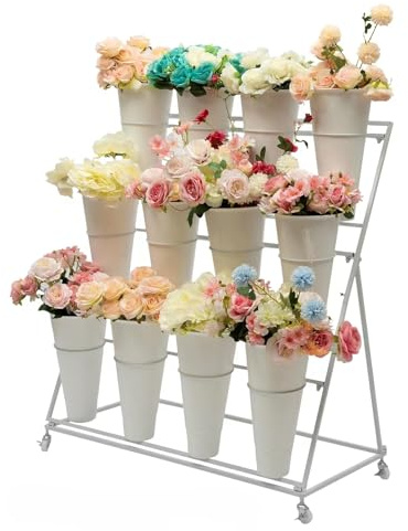 Usknxiu Présentoir à Fleurs avec 12 seaux en Plastique, étagère à Plantes à échelle, présentoir à Fleurs avec Roues en métal