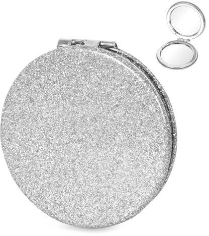 Colexy Tragbarer Taschen Spiegel, 7cm Runde Taschenspiegel, Glänzend Taschenspiegel Mädchen, Doppelseitig Schminkspiegel mit 2X Vergrößerung, Handspiegel Klein Perfekt für Make-up und Reisen(Silber)