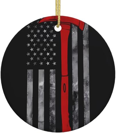Christmas decorations, for home decoration, party, wedding, Firefighter Axe Red Line Flag Christmas tree ceramic round hanging ornaments