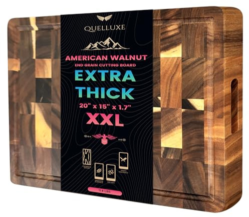 QUELLUXE (1.7 Extra Thick & Large) 20x15 American Black Walnut Wood End Grain Cutting Board for Kitchen, Heavy-Duty Butcher Block, Large Wooden Chopping Board with Juice Groove, Charcuterie Board