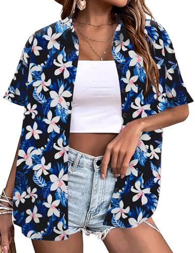LOMON Womens Hawaiian Button Up Shirts Tropical Hawaii Cool Beachy Tops Printed Short Sleeve Blouses Blue Floral M