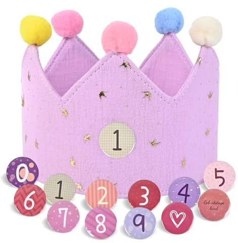 JOYUE Corona de cumpleaños para niños, corona de cumpleaños de tela con botones de , números intercambiables del 0 al 9, corona unisex para niños, suministros de fiesta de cumpleaños (morado)