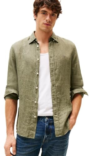 Tommy Hilfiger Men's Long Sleeve Casual Linen Button Down Shirts in Regular Fit, Battle Green, S