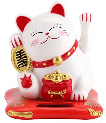 TICFOX Gato de la Suerte de la Fortuna por Energía Solar, Maneki Neko Gato de la Suerte Adorno de Estatua de Gato de la Fortuna Decoración China Feng Shui para Oficina o Coche(Blanco)