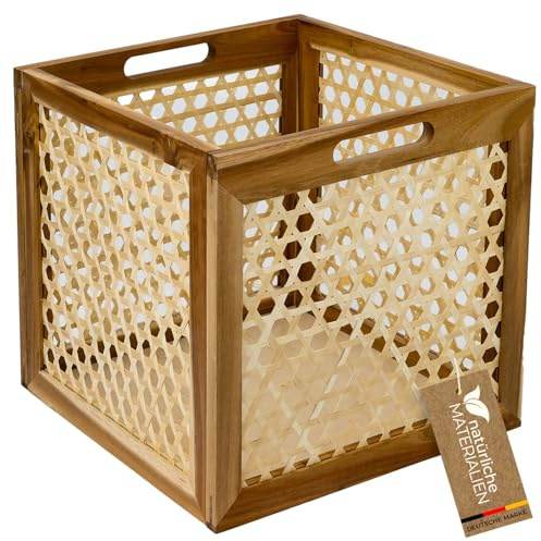HMF Cesta de almacenamiento adecuada para estantes Kallax, cesta de ratán con mimbre vienés y madera de acacia, patrón 2, 32 x 34 x 32 cm