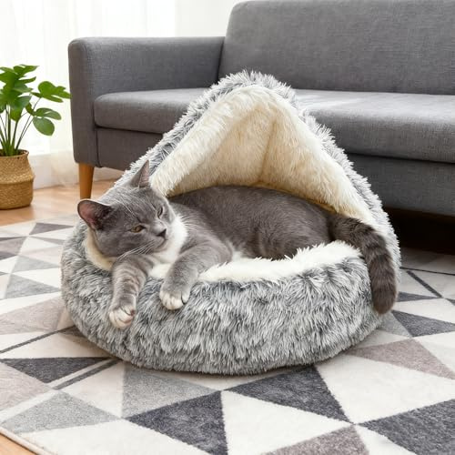 SHJOEE 50cm Ø Cama de Felpa Calmante para Gatos y Perros Cueva de Cama de Gato Cama de Perro CóModo Y CáLida en Forma de Concha Sofá de Mascota Antideslizante para Gato Y Perros Medianos Pequeños