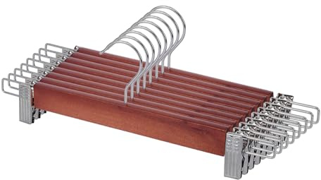 Wooden Hangers with Clips for Trousers - 10 Pack Adjustable Clothes Hangers, Anti-Slip Trouser Hangers for Jeans Slacks Skirts, Space Saving Wardrobe Organiser
