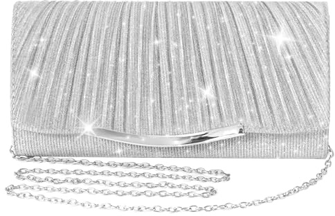 silver Clutch Bag for Women with Detachable and Adjustable Chain, silver Evening Bag with Detachable Metal Chain,Sparkly Envelope Handbag for Bridal Wedding Cocktail Prom Party Festive Occasions