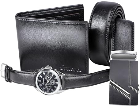 papasgix Gifts for Men, Men's Watch Set, Black Artificial Leather