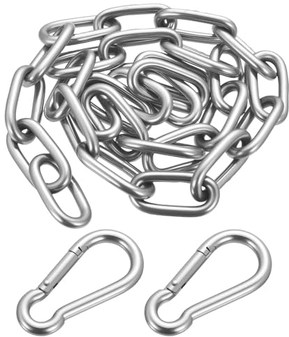 Stainless Steel Chains, 1 Metre Heavy Duty Chain Links, Metal Security Chain, 6mm Steel Welded Link Chains for Fence Gate Door Bike Bicycle Swing Security Lock Lift, with Carabiner