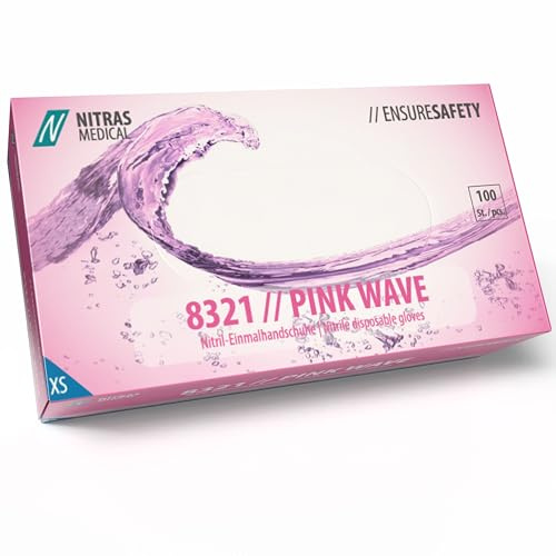 Nitras 8321 Pink WAVE puderfria, icke-sterila, medicinska nitrilhandskar färg rosa, 100 stycken i dispenserkartong storlek XS