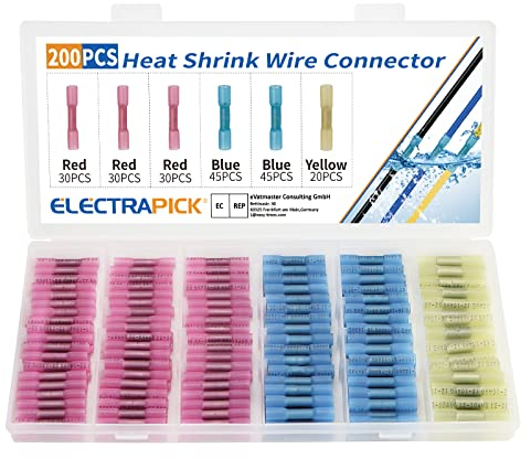 Heat Shrink Wire Connector Butt Terminals Kit, 200PCS Crimp Connectors Waterproof Insulated Electrical Terminals Marine Automotive Cable Electrapick (3 Colors / 3 Sizes)