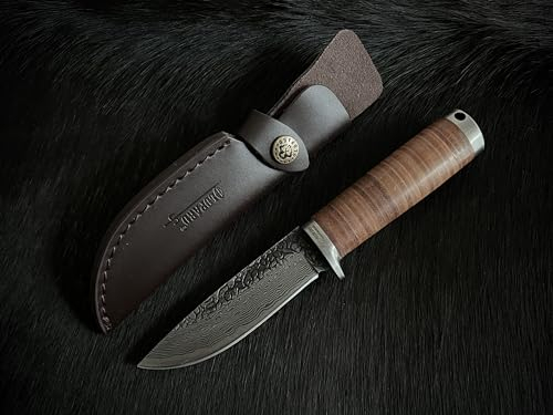 Oldpard Couteau à lame fixe de haute qualité avec étui en cuir | Motif Damas en acier à haute teneur en carbone | Couteau de survie pour barbecue, camping, pêche