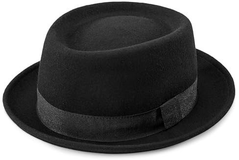 Pork Pie Hut für Herren, Wolle, flache Oberseite, Fedora-Hut, Unisex, Porkpie-Hüte (S/M), Schwarze, kurze Krempe, Stil A, M