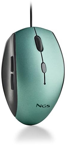 NGS Moth Ice - Ratón Óptico con Cable USB para Ordenador con 5 Botones Silenciosos y Scroll, Ratón Ergonómico, 800/1200/1600 dpi Regulables, Ice