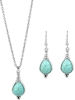 Dishowme Türkis Halskette Ohrringe Set Böhmische Edelstein Blume Anhänger Halskette 3Pcs Vintage Geometrische Wassertropfen Western Kostüm baumeln Schmuck für Frauen Mädchen (Blau D)
