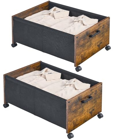 FOUCSSOMEI Under Bed Storage with Wheels, Wooden Under Bed Drawers On Wheels, Rolling Under Bed Shoe Storage, Space Saving, Rustic Brown,70L