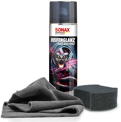 Auto Reifenpflege Set | Sonax ReifenGlanz Special Edition 500ml + Applikator Pad + Mikrofasertuch | Reifenglanzspray zur Pflege und Auffrischung von Reifen